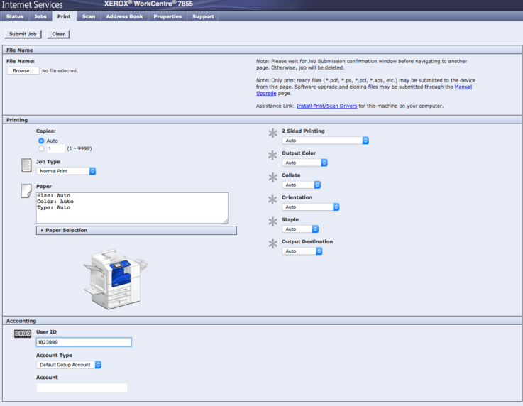 image of the print page in the copier web interface