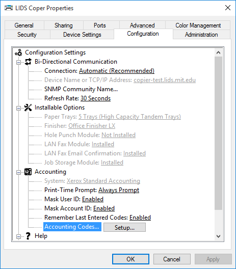 picture of the printer configuration window